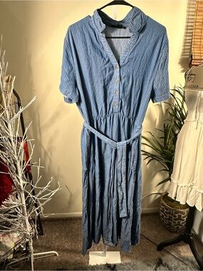 354. Jane + Delancey Blue Striped Button-Front Maxi Dress with Waist Tie